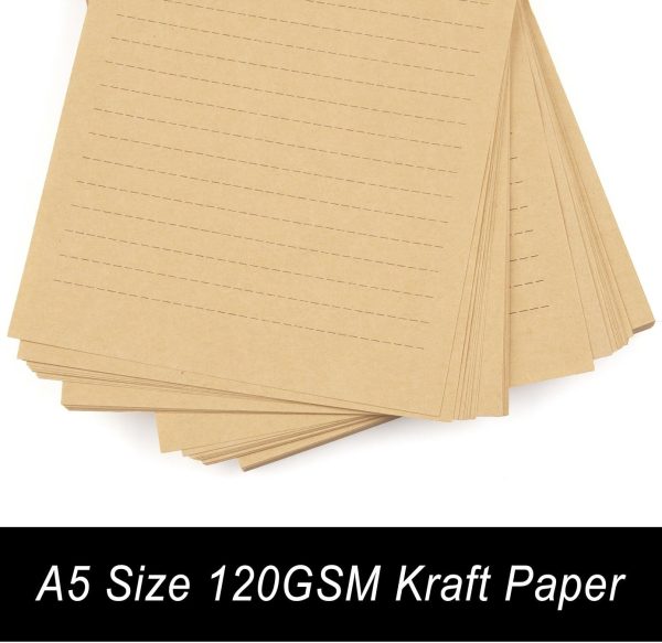 100 Sheets Vintage Kraft Stationary Paper 5.71 x 8.27 inch, A5 Size 120gsm Lined Stationery Writing Letter Papers Bulk Set for Personalized Letters, Creative Poems, Lyrics, Office Notes, etc - Image 5