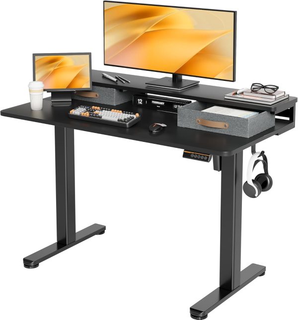 Seang Electric Standing Desk with 2 Drawers, Adjustable Standing Desk with Storage Shelf, Height Adjustable Stand up Desk for Home Office with 3 Presets & 2 Hooks,48 Inch, Black