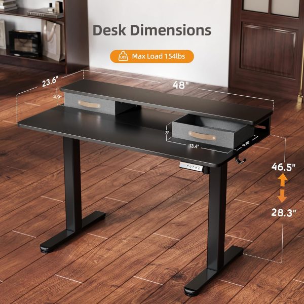 Seang Electric Standing Desk with 2 Drawers, Adjustable Standing Desk with Storage Shelf, Height Adjustable Stand up Desk for Home Office with 3 Presets & 2 Hooks,48 Inch, Black - Image 3