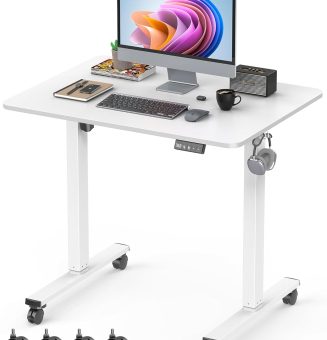 Small Height Adjustable Electric Standing Desk, 31.5" x 23.6" Sit Stand up Desk with Splice Board, Ergonomic Rising Computer Home Office Desk Table with Memory Preset, White Frame/White Top