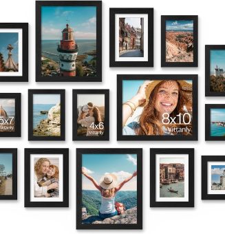 Vittanly 15 Pack Picture Frames Collage Wall Decor for Mounting or Tabletop Display, Gallery Frame Set for Family, Multi Sizes Including 3pcs 8x10, 6pcs 5x7, 6pcs 4x6, Black